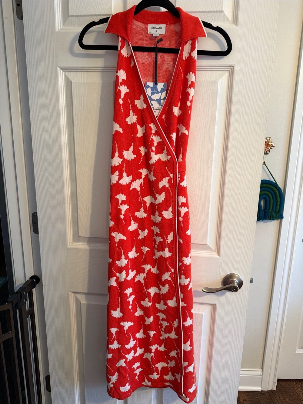 Diane Von Furstenberg Coral Sweater with Red Ribbed Neckline